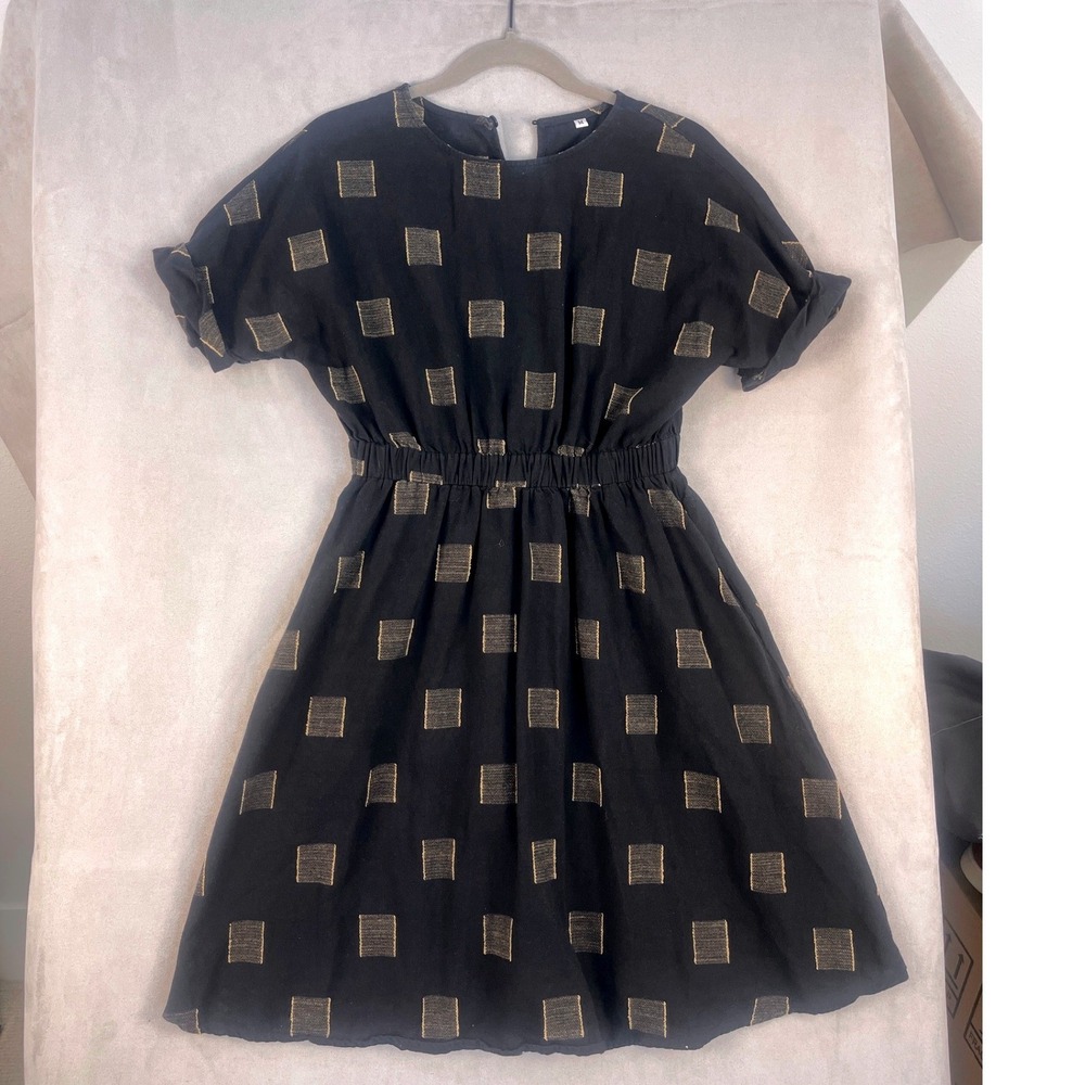 Black Gold Metallic Square Grid Elastic Waist Cuffed Sleeve Mini Dress M